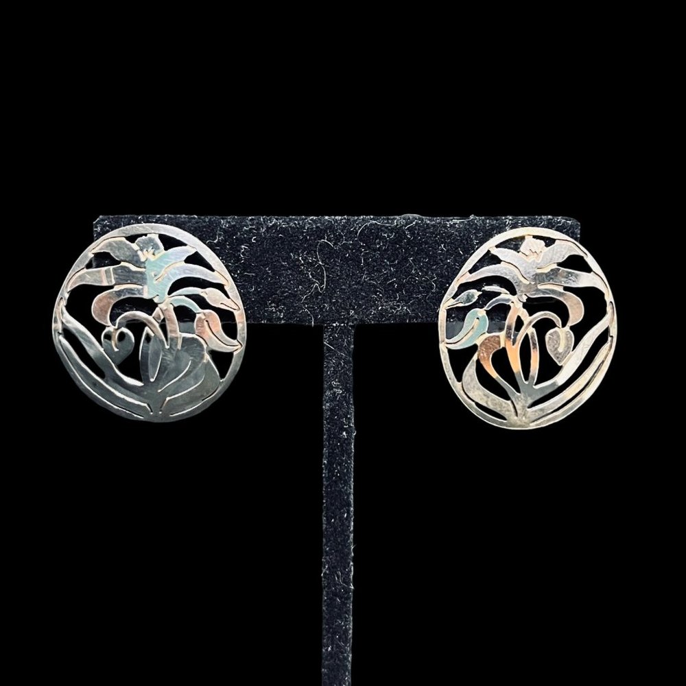 Large Floral Silver Tone Pierced Earrings (4833)